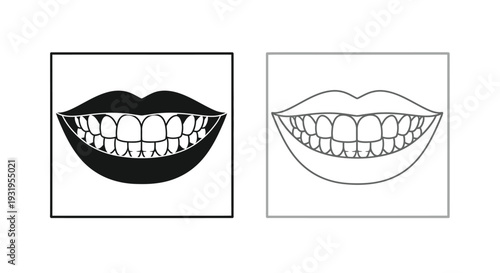 Simple vector graphic design showing two styles of smiling mouths displaying healthy teeth outlines