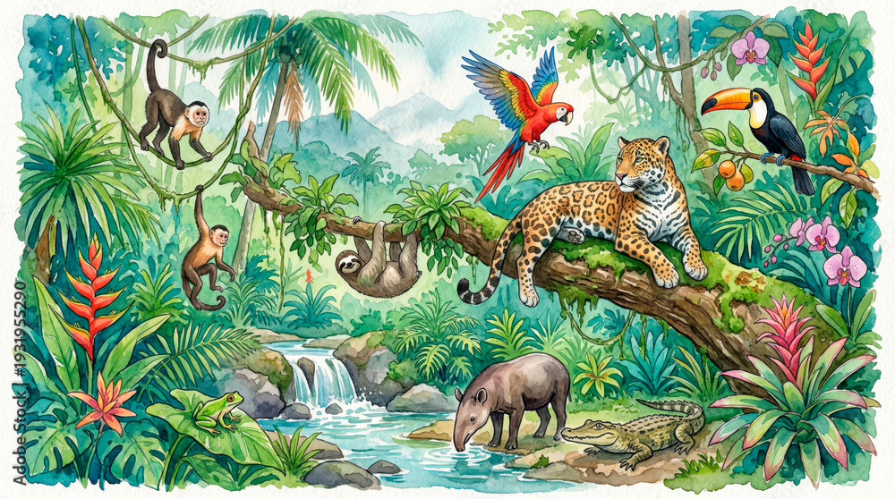 Naklejka premium Rainforest animals living in tropical jungle watercolor