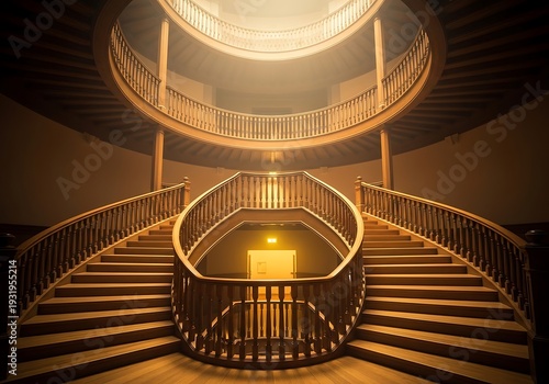 Ornate circular wooden staircase rising through a multi-level atrium