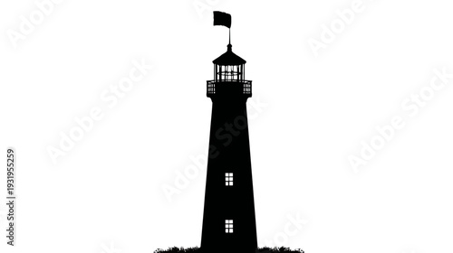 A tall coastal structure silhouette with a flag, windows, and a small patch of vegetation