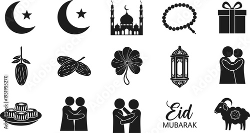 Eid Mubarak celebration icons and symbols for Ramadan and Islamic holiday