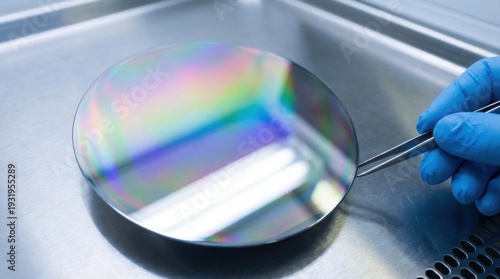 Iridescent Semiconductor Wafer Surface Reflecting Light in Industrial Setting