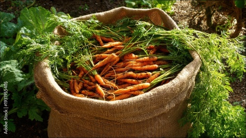 Rustic Burlap Sack Overflowing With Freshly Harvested Organic Carrots And Their Vibrant Greens