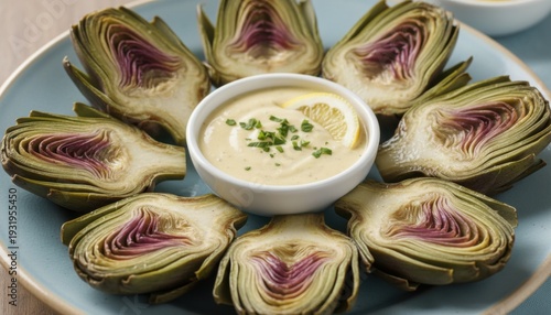 Steamed Artichoke Halves Arranged Around Creamy Lemon Herb Dip