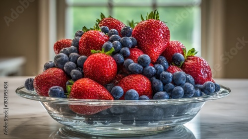 Vibrant pile of fresh red strawberries and deep blue blueberries in a clear glass bowl