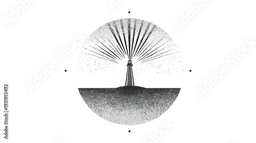 Black and white lighthouse illustration with radiating lines and speckled textures on a white background