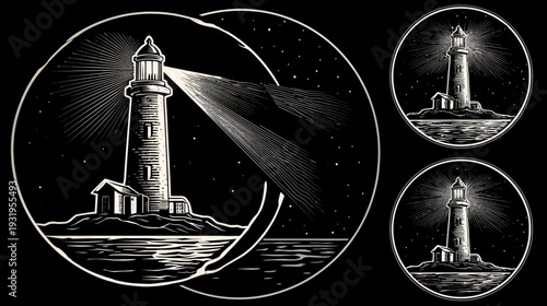 A detailed illustration of a lighthouse on an island emitting beams into the night sky