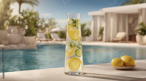 Tall glass carafe filled with lemon and cucumber slices in refreshing infused water, poolside setting on a bright sunny day.