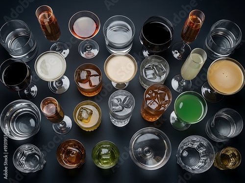 Sophisticated assortment of various cocktail and beverage glasses arranged