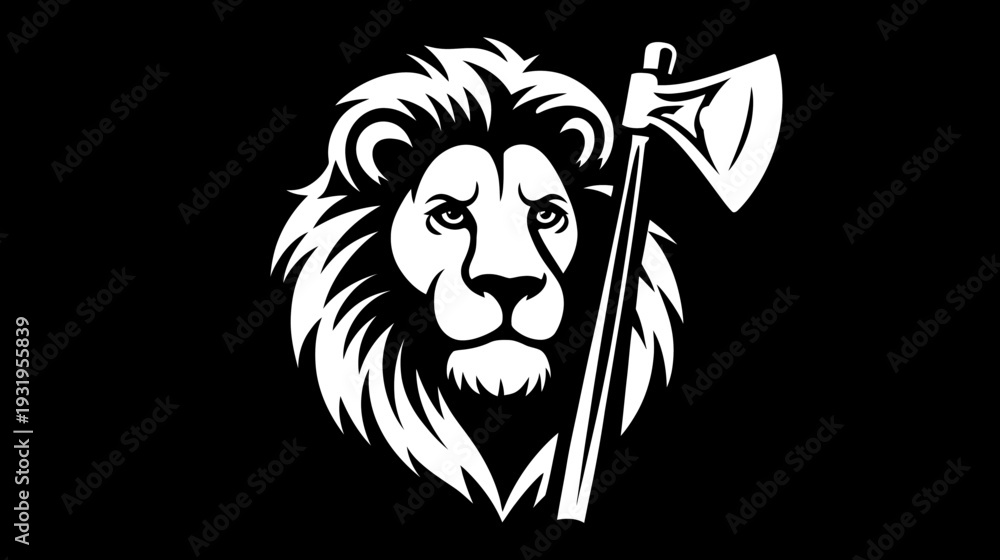 Obraz premium A white lion head with mane and an axe on a black background. Simple, elegant, and bold