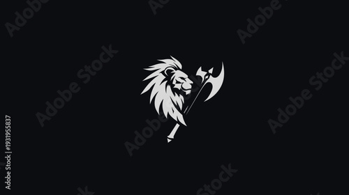 A regal lion's head with flowing mane and an axe, symbol of strength, displayed on black
