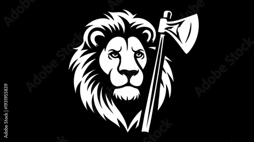 A white lion head with mane and an axe on a black background. Simple, elegant, and bold