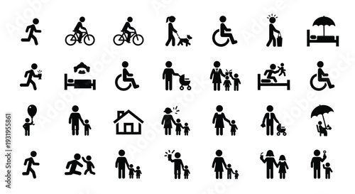 Collection of black silhouette vector icons representing diverse human activities and accessibility symbols
