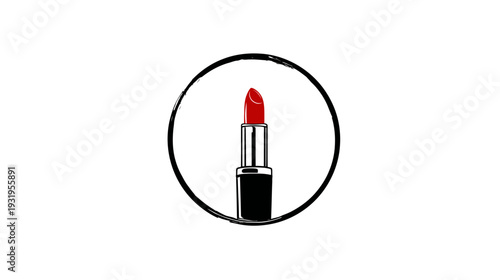 A red lipstick in a black circle on a white background, symbolizing beauty