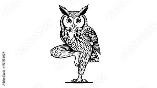 Wise Owl Doing Yoga Tree Pose, Black and White Illustration