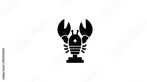 A black and white graphic of a lobster with large claws and small antennae on a white background