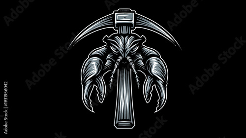 A stylized illustration features a creature with a pickaxe head, large claws, and a menacing expression