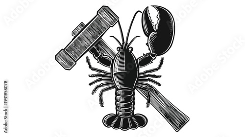 A detailed monochrome illustration of a lobster interacting with a wooden object