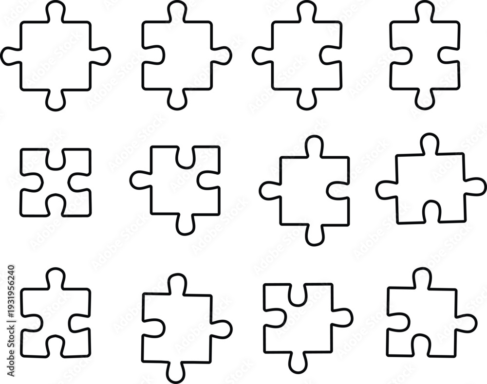 Naklejka premium Black puzzle piece vector set collection group with jigsaw element icons, connection solution symbol isolated on transparent background, outline silhouette editable minimalist design