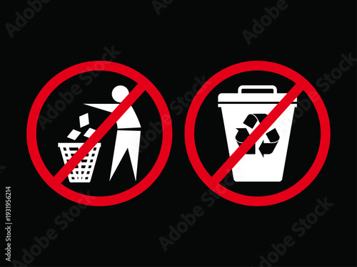 Recycling and littering prohibition signs on black background