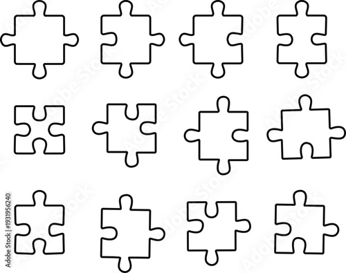 Black puzzle piece vector set collection group with jigsaw element icons, connection solution symbol isolated on transparent background, outline silhouette editable minimalist design