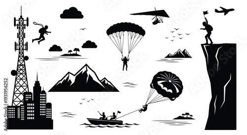 Dynamic collection of outdoor adventure, exploration, and urban life vector graphic illustration elements
