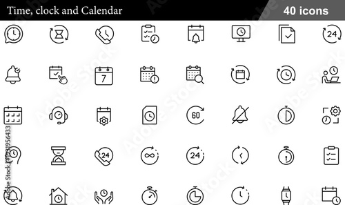 Time, Clock and Calendar Thin Line Icons Set Scheduling Tools, Chronology Management, Precision Timing, Deadline Tracking and Productivity Symbols for Project Planning
