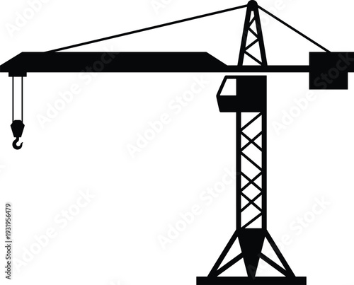 Black construction tower crane silhouette vector illustration isolated on white background minimalist industrial machinery icon for building site engineering project and urban development