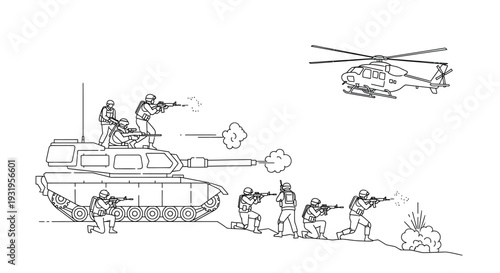 Military scene depicting a tank helicopter and soldiers in combat
