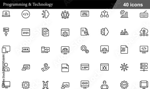 Programming and Technology Thin Line Icons Set Software Code Development, Backend Infrastructure, Cybersecurity, UI Design and Digital Engineering Symbols for IT