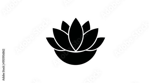 A symmetrical black lotus flower design, composed of several petals, emerging from a curved base
