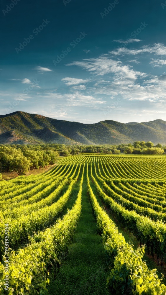 Fototapeta premium Lush Green Vineyard Rows with Rolling Hills Under Blue Sky