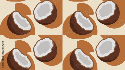 Vibrant coconut halves on modern background for food design