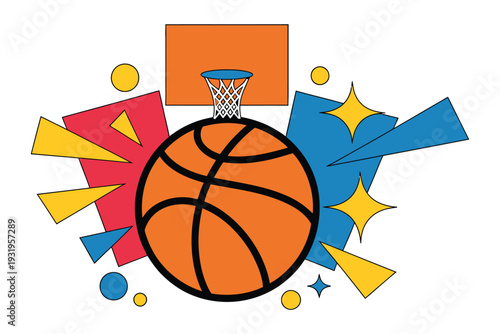 Vibrant Vector Illustration of an Orange Basketball and Hoop with Net Surrounded by Colorful Abstract Shapes and Dynamic Geometric Elements for Sports Graphic Design