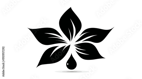 A stark black botanical illustration on a white background, with five leaves and a droplet