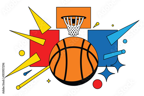 Vibrant Vector Illustration of an Orange Basketball and Hoop with Net Surrounded by Colorful Abstract Shapes and Dynamic Geometric Elements for Sports Graphic Design