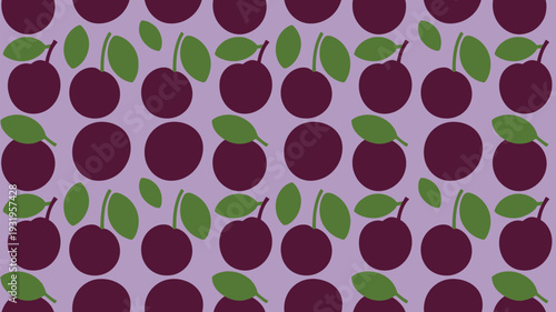 Vibrant plum pattern with green leaves on purple background