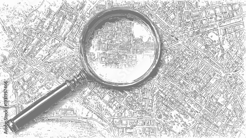 A detailed map is examined under a magnifying glass, revealing intricate city structures in a grayscale format