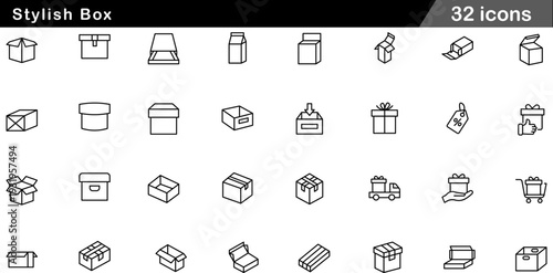 Stylish Box Thin Line Icons Set Packaging Design, Gift Wrapping, Shipping Containers, Unboxing Experience and Inventory Storage Symbols for E commerce and Retail