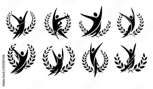 Celebration Victory Figures with Laurel Wreath Modern Award Vector Set