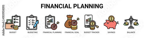 Financial Planning web banner icon vector illustration concept with icons of budget, budgeting, financial planning, financial goal, budget tracker, savings, and balance.