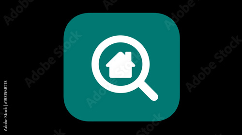 A white house outline within a magnifying glass on a teal rounded square with a black backdrop