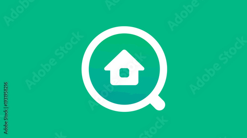 A simple icon featuring a house inside a magnifying glass on a gradient background