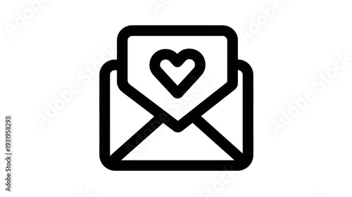 A simple black and white icon, envelope with a heart on a letter emerging