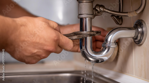 Plumber using wrench to repair sink pipe leakage under kitchen cabinet in soft diffused lighting
