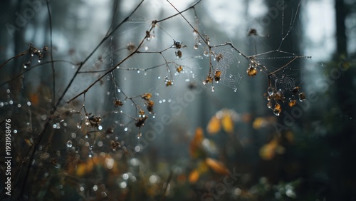 Raindrops on Spiderwebs and Branches in Misty Autumn Forest