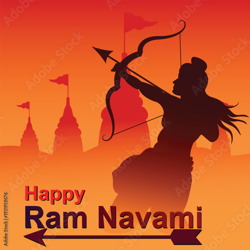 Happy Ram Navami Festival of India Vector Illustration with arrow – Lord Sri Rama Birthday Celebration, Hindu Religious Banner Design and silhouette