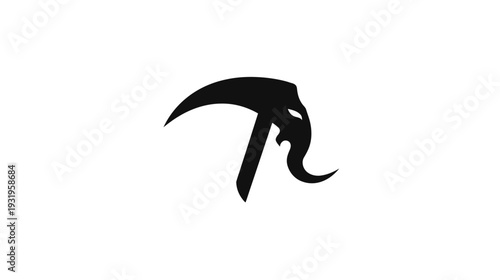 A stark, minimalist silhouette features a curved blade form with an stylized animal head