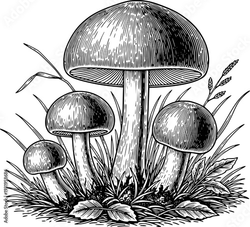 Vintage woodcut of forest mushrooms growing amongst blades of grass and leaves fungus