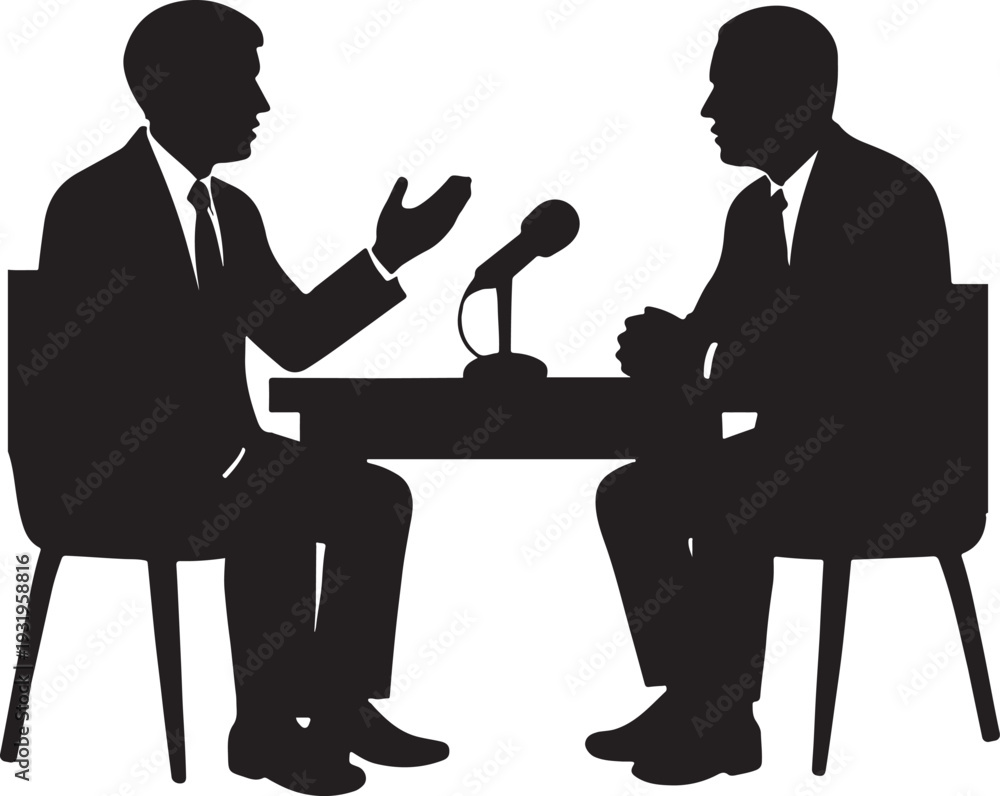 Obraz premium Businessmen Discussing at Table with Microphone white background